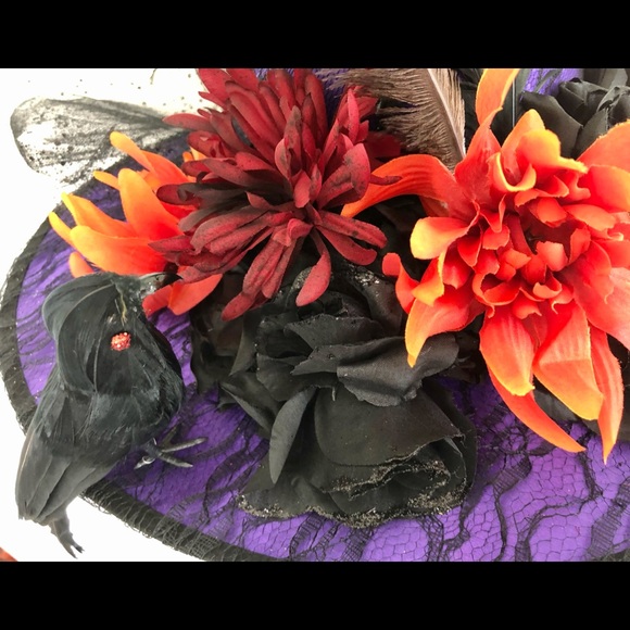 Victorian Witch hat Feathered bird flowers tulle main image 14
